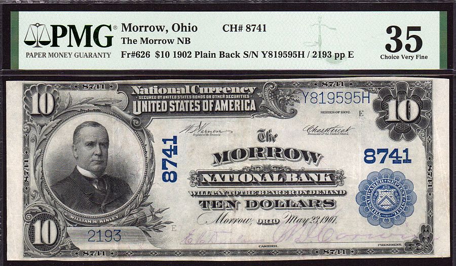 Morrow, OH, Charter #8741, 1902PB $10, PMG-35